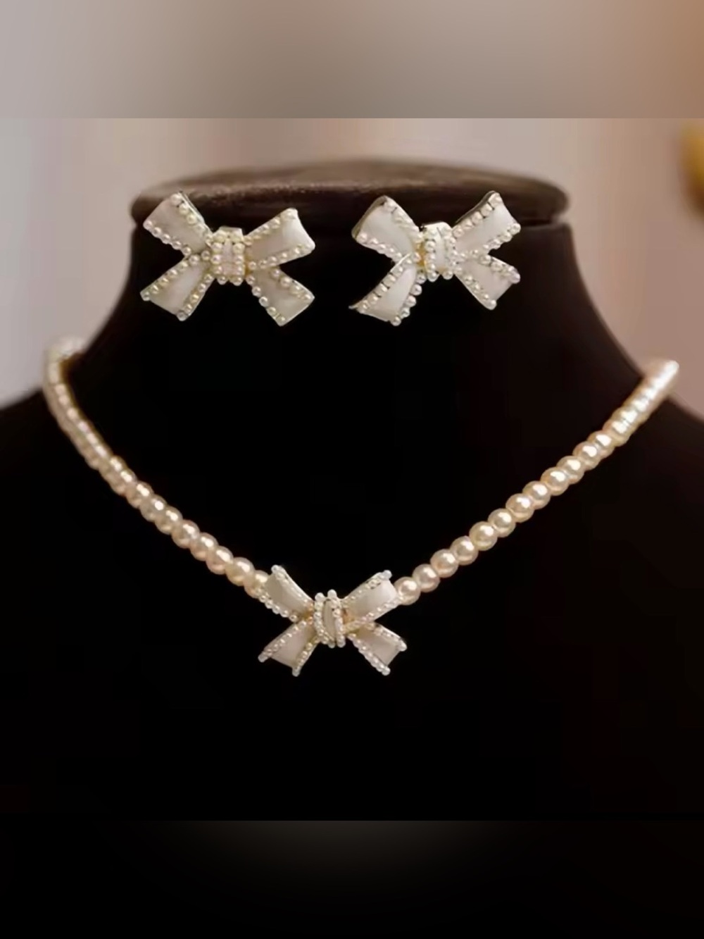 Pearl Bow Necklace and Stud Earrings Set